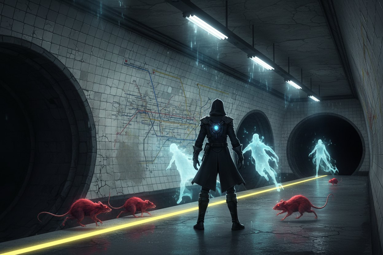 A hooded agent stands on a tiled Paris metro platform at night while rats and pale blue ghosts pour out of the tunnel mouths